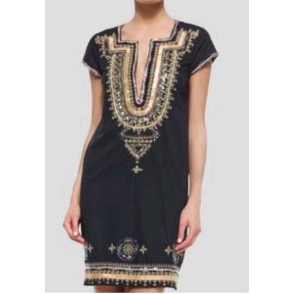 Calypso St. Barth Embroidered Efima Blue Gold Dress Size Small EUC!